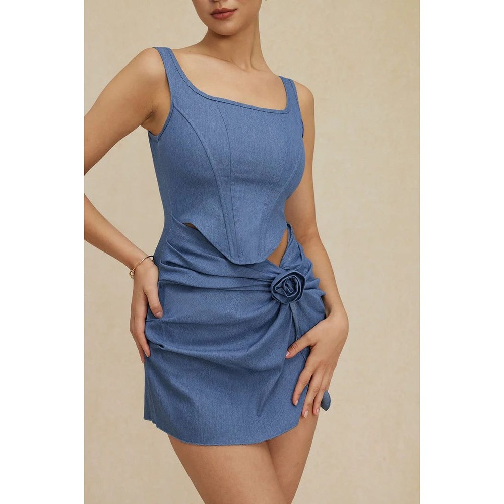 Micas Blue Mini Corset Top Rose Detail Sleeveless Party Cocktail Dress L-XL